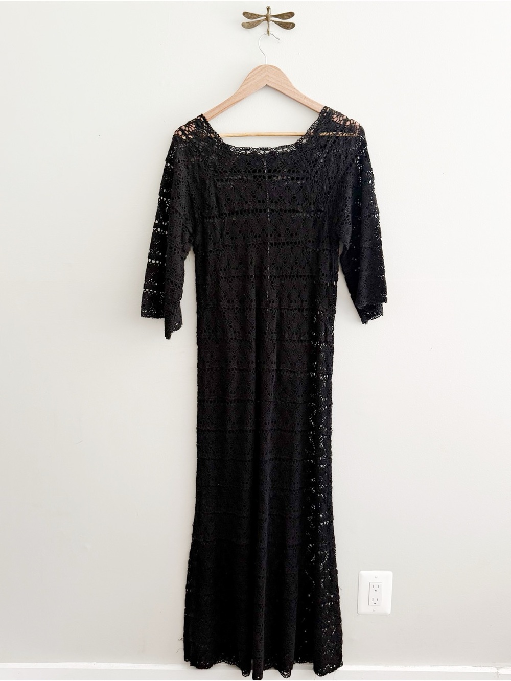 1960s Black Crochet Bohemian Vintage Aline Maxi Dress